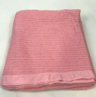 Vintage Acrylic Blanket Waffle Weave Satin Trim Pink 74 x 85 Soft 2