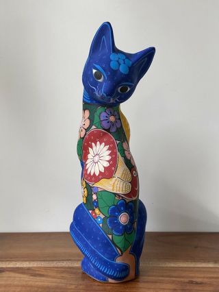 Mexican Folk Art Talavera Pottery Ceramic Animal Sitting Cat Figure Bird Signed