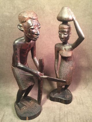 2 African Wood Carved Woman & Man Statue Figure