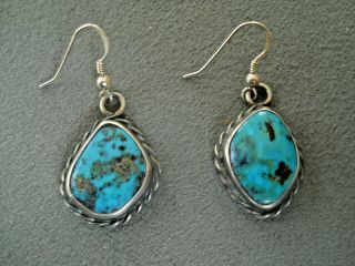 Vintage Native American Indian Natural Turquoise Sterling Silver Hook Earrings