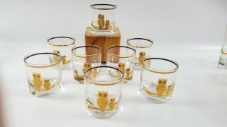 Set Of 8 Vintage Culver 22kt Gold Owl 8 Oz Drinking Tumbler Low Ball Glass