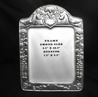 Vintage Mexican Pewter Picture Frame Wood Back Birds Hearts 8 " X 10 " Photo