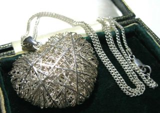 Vintage Signed Sterling Silver Large Wire Work Mesh Love Heart Pendant Necklace