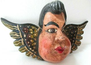 Mexican Folk Art Colonial Carved Wood Wall Angel Wing Boy Fat Cheek Cacheton 13 "