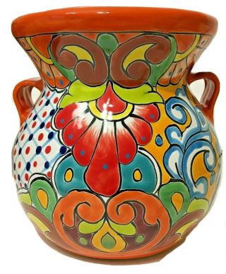 Talavera Planter Pot Mexican Ceramic Pottery Folk Art Large 12 " Handle