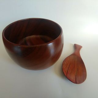 Vintage Turned Calabash Bowl Hawaii Koa Wood Paddle Fork Server Spoon Rice Poi