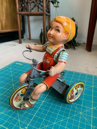 Vintage " Kiddy Cyclist " Tin Wind - Up Toy On Tricycle