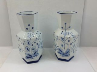 Vases (pair) Cobalt Blue,  White Japanese Ceramic Porcelain Floral Vintage