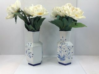 Vases (PAIR) Cobalt Blue,  White Japanese Ceramic Porcelain Floral Vintage 2