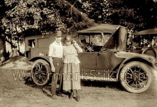 1920s Era Photo Negative Car And Couple Pose W Rag Top Sporty 2 Door Coupe Auto