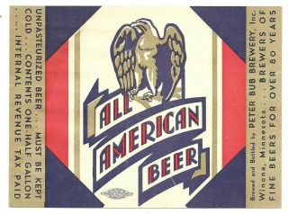 1/2 Gal.  All American Beer Bottle Label,  Peter Bub,  Winona,  Mn,  Irtp,  64 Ounce