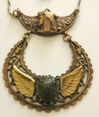 Vintage Art Deco Egyptian Revival Scarab And Pharaoh Brass Pendant Necklace