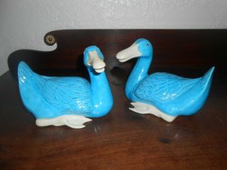 Vintage Mcm Turquoise Blue Chinese Porcelain Duck Figurine Set Of 2
