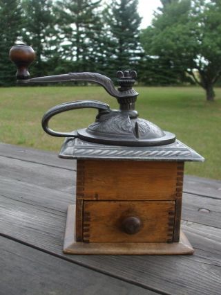 Vintage Wooden Dovetailed Coffee Grinder With Cast Iron Hand Crank