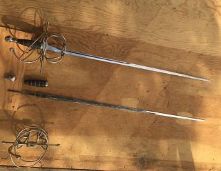 Two 44” Renaissance Rapier Fencing Swords W/ Swept Hilt Guard Medieval Larp