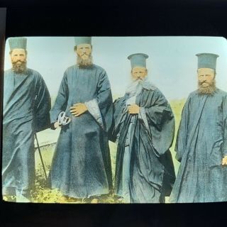 Antique Magic Lantern Glass Slide Color Photo Orthodox Monks Balkans