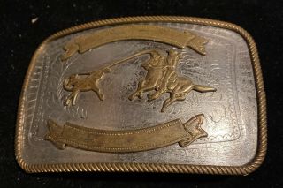 Vintage Nickel Silver Western Cowboy Calf Roping Rodeo Belt Buckle
