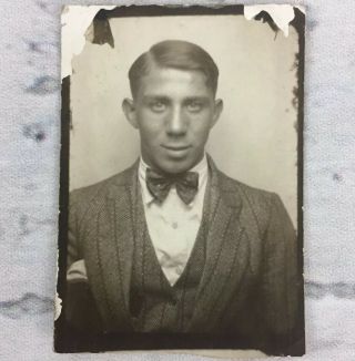 Old Vtg Photo Booth Well Dressed Young Man Slick Side Part Intense Eyes Gay Int