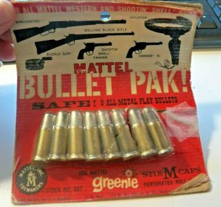 Vintage Mattel Fanner Bullet Pak On Card 8 Metal Play Toy Bullets