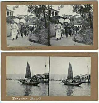 Foochow Funeral Procession And Foochow Boats China,  Double - Sided Stereoview Card