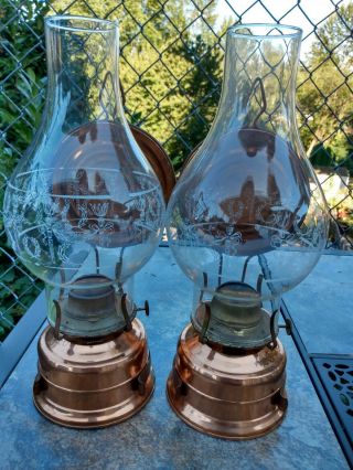 2 Vintag Copper Kerosene Oil Lamp Wall Mount Sconce Back Plate Deflector Germany