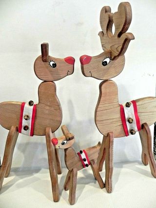 Vintage Hand Made Wood Wooden Rudolph The Red Nosed Reindeer Family 3 Pc