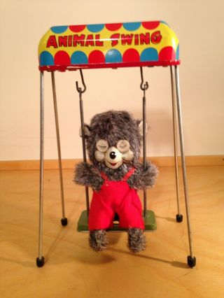 Vintage Tin Wind - Up Toy Animal Swing With Furry Bear Japan 50 - 60s