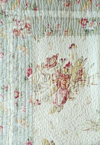 Vintage Quilt In Soft Yellow Pink Green Patchwork Floral Motif - 102 X 88