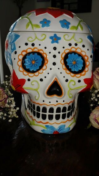 Dia De Los Muertos Sugar Skull Ceramic Cookie Jar Day Of The Dead Large 8 "
