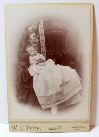 Infant Baby,  Baptismal Gown,  Clarkston,  Michigan; Cabinet Card Photo C.  1890s