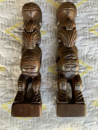 Vintage Set Of 2 Hand Carved Heavy Wood Hawaii Tiki Statues 8”h She’ll Eyes