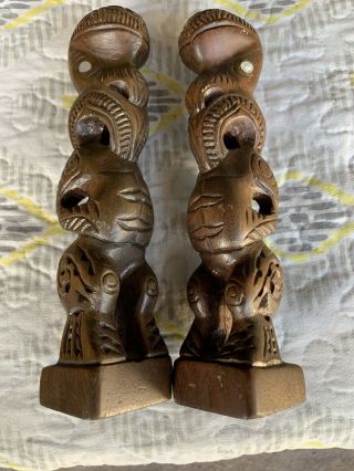 Vintage Set Of 2 Hand Carved Heavy Wood Hawaii Tiki Statues 8”H She’ll Eyes 2