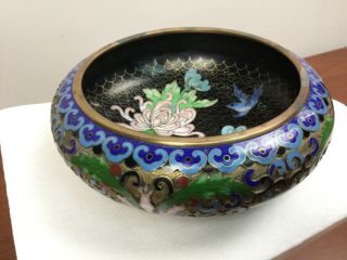 Antique Vintage Chinese Cloisonne Black Enamel Brass Bowl Blue Bird & Flowers