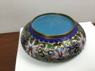 Antique Vintage Chinese Cloisonne Black Enamel Brass Bowl Blue Bird & Flowers 2