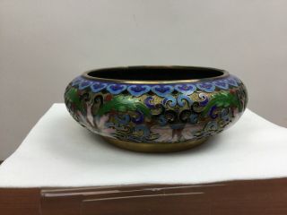 Antique Vintage Chinese Cloisonne Black Enamel Brass Bowl Blue Bird & Flowers 3