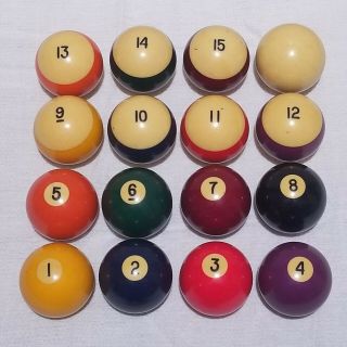 Vtg Full Set Of 15 Bakelite 2 1/4 " Yellowed Pool Or Billiard Balls Plus Cue Ball