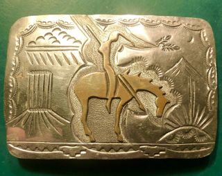 Signed Vintage Leander Nezzie Navajo Indian Sterling Silver & Brass Belt Buckle