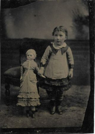 Vintage Old Tintype Photo,  Little Girl With Her Doll On A Chair
