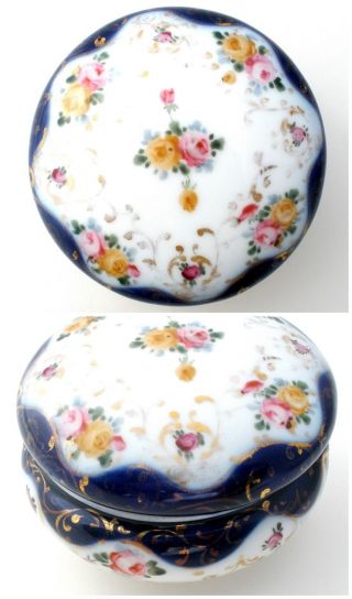 Vintage Powder Box Hand Painted Roses Vanity Dresser Jar Porcelain Blue Pink