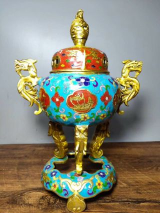 Collectibles Chinese Cloisonne Incense Burner Dragon Brass Statue Ap225