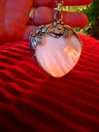 Vintage Mother Of Pearl Sterling Silver Heart Pendant And 20 " Necklace