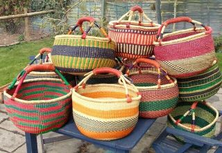 Handmade Bolgatanga Ghanaian Basket Shopping Picnic Leather Handle Woven 9 " X15 "
