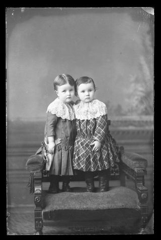 Glass Plate Negative 1880 Two Adorable Little Girls Head To Head Great