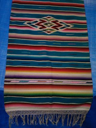 Vintage Mexican Saltillo Silk Fringe Wool Handwoven Blanket Runner 21 X 48