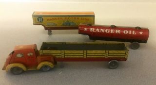 1950s Ranger Motor Lines Tin Litho Toy Tractor Trailers.  Four Piece Set