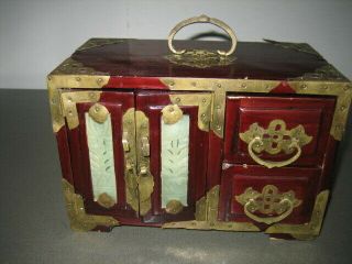 Vintage Oriental Asian Chinese Rose Wood Jewelry Box Carved Jade & Brass Fitting