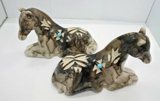 Native American Navajo Horse Hair Pottery Horse Set Of 2 By Vail