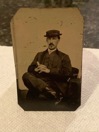 Antique Tintype Photo Photograph Dapper Handsome Man W/ Hat Cigar Boots Lqqk