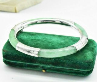 Vintage Sterling Silver Bracelet Bangle Green Jade Art Deco Nouveau Gift W811
