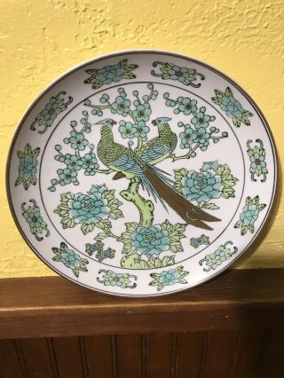 Vintage Japan Hand Painted Porcelain Green Peacocks Plate Platter - 12 "
